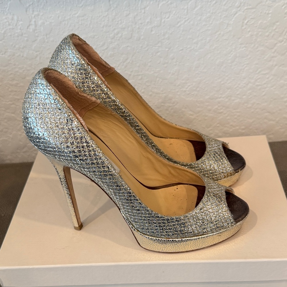 Jimmy Choo Champagne Peep-Toe Platform Heels